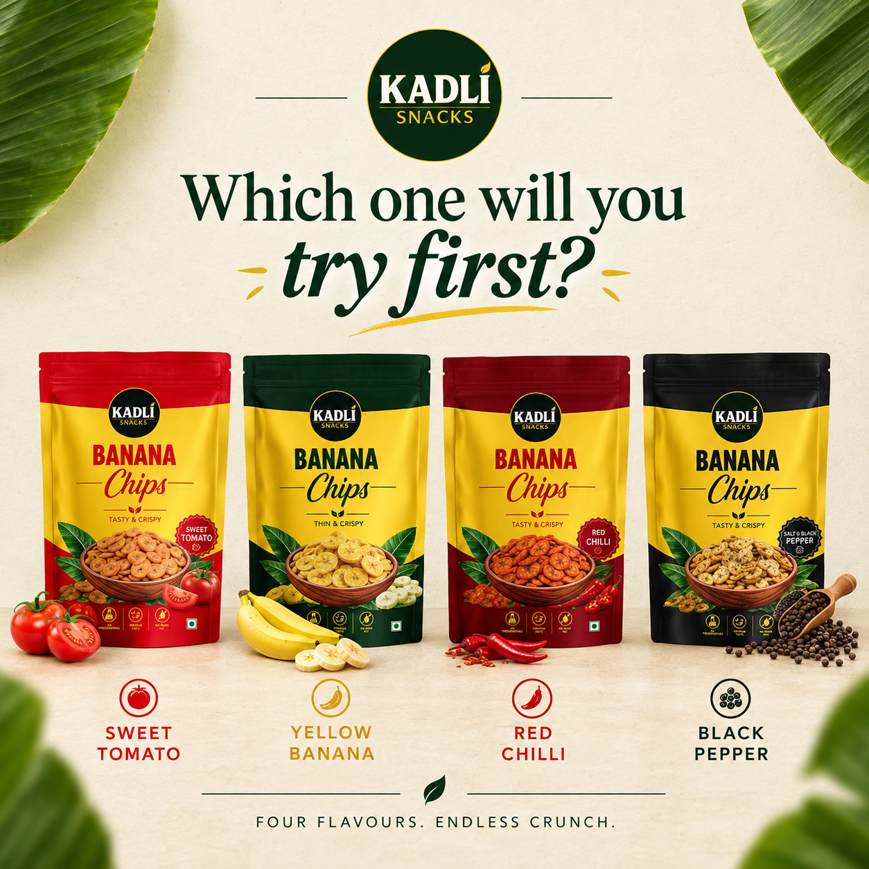 Four Kadli Snacks banana chips flavours — sweet tomato, yellow banana, red chilli, black pepper