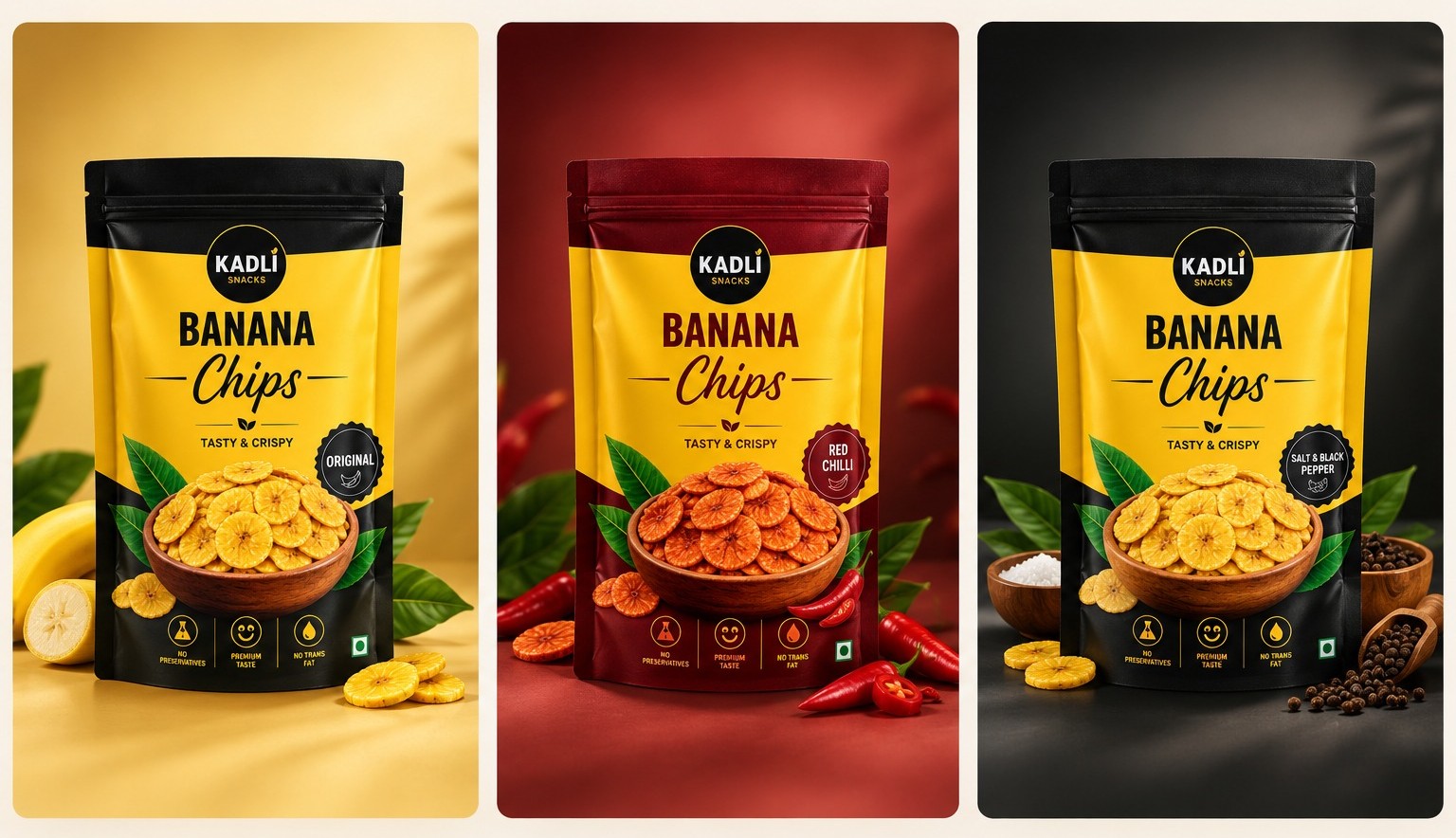 Kadli Original, Red Chilli and Salt & Black Pepper banana chips packs
